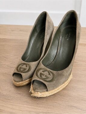 Gucci Olive Brown Suede Peep-Toe Wedge Espadrilles